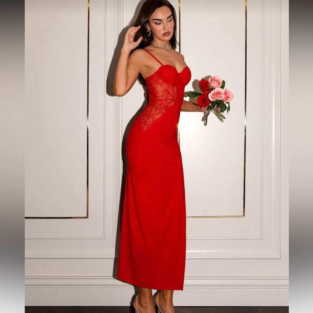 Bustier corset slip dress high slit red maxi dress cocktail - Picture 5 of 7